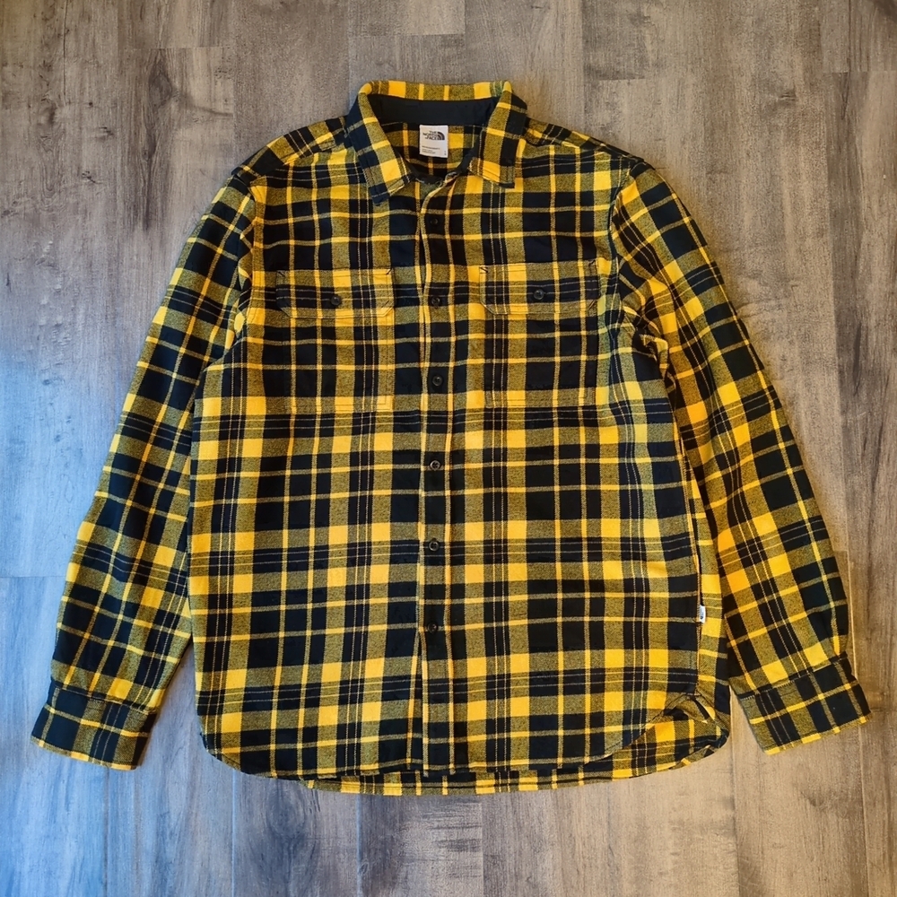 The North Face Men's Yellow and Black Plaid Button-Up Shirt